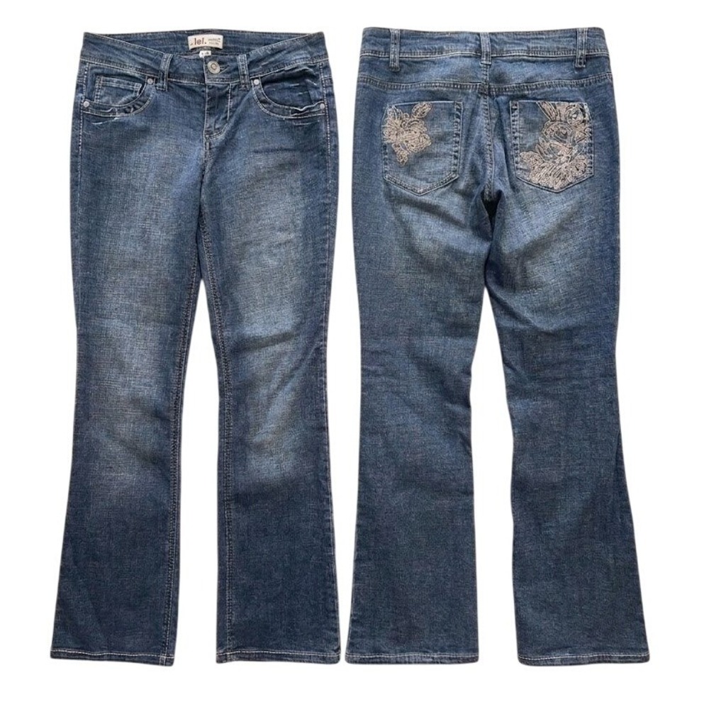 L.e.i.‎ Y2k Flare Bootcut Jeans Medium Wash Floral Embroidered Darkwash